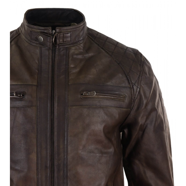 Real Leather Mens Brown Classic Biker Jacket - Brown Biker
