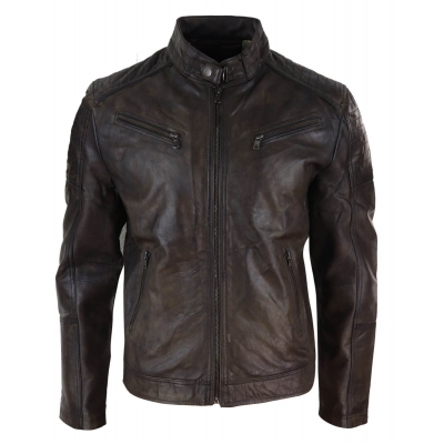 Real Leather Brown Classic Mens Racer Jacket - Brown Racer