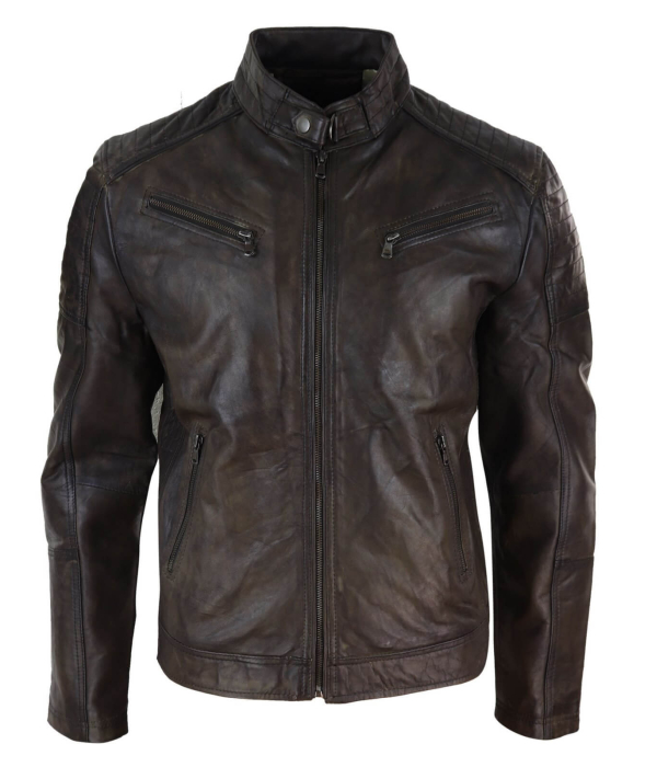 Real Leather Brown Classic Mens Racer Jacket - Brown Racer