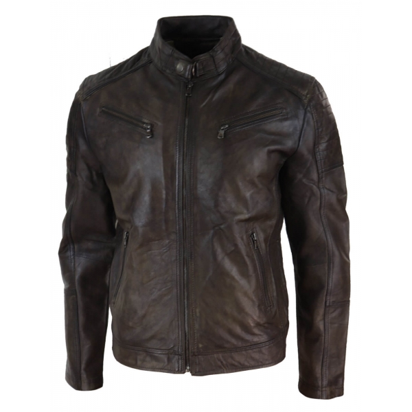 Real Leather Brown Classic Mens Racer Jacket - Brown Racer