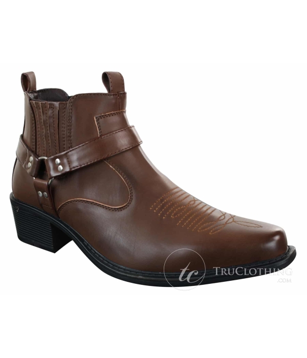 CLASSIQUE MBO 3136 Mens Tan Brown Black Ankle Boots Leather Slip On Cowboy Western Riding Buckle