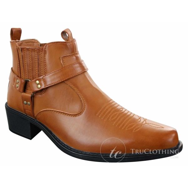 CLASSIQUE MBO 3136 Mens Tan Brown Black Ankle Boots Leather Slip On Cowboy Western Riding Buckle