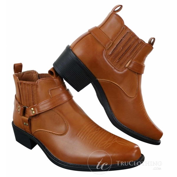 CLASSIQUE MBO 3136 Mens Tan Brown Black Ankle Boots Leather Slip On Cowboy Western Riding Buckle