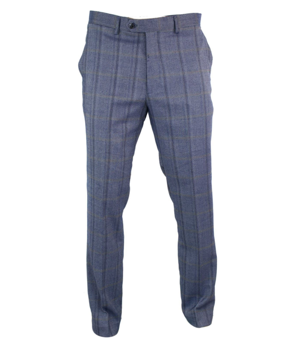 Cavani Connall - Mens Classic Tweed Check Vintage Trousers - Blue