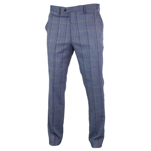 Cavani Connall - Mens Classic Tweed Check Vintage Trousers - Blue