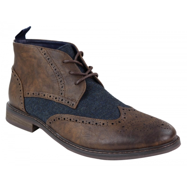 Mens Leather & Tweed Laced Ankle Boots