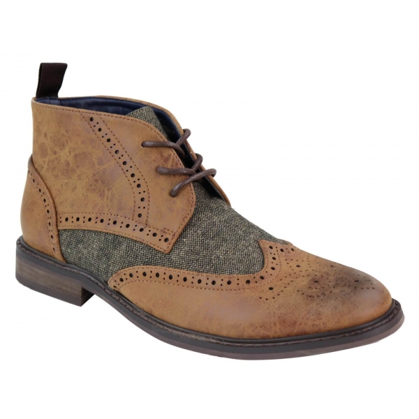 Mens Leather & Tweed Laced Ankle Boots