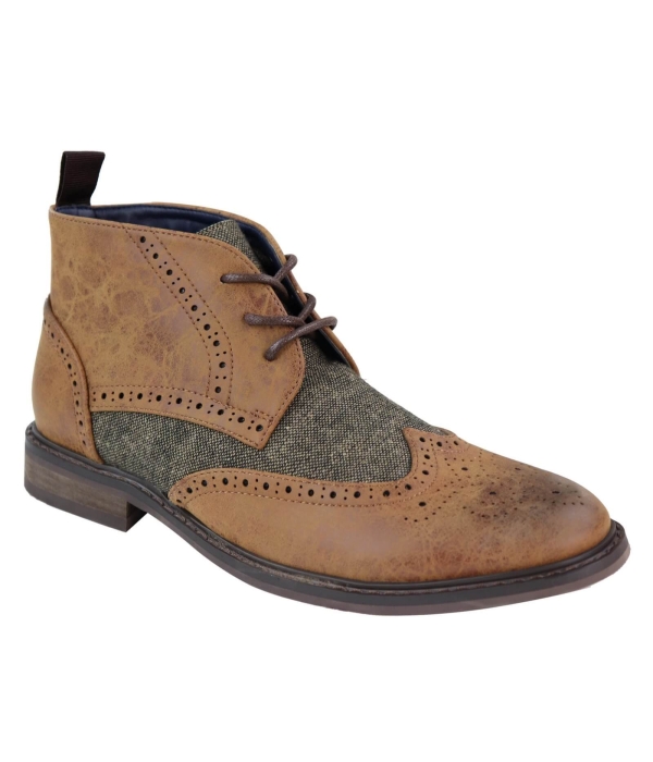 Mens Leather & Tweed Laced Ankle Boots