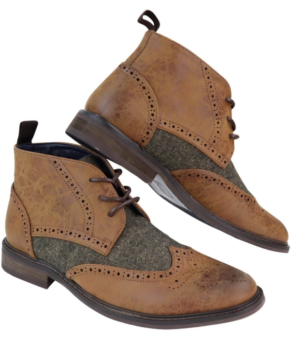 Mens Leather & Tweed Laced Ankle Boots