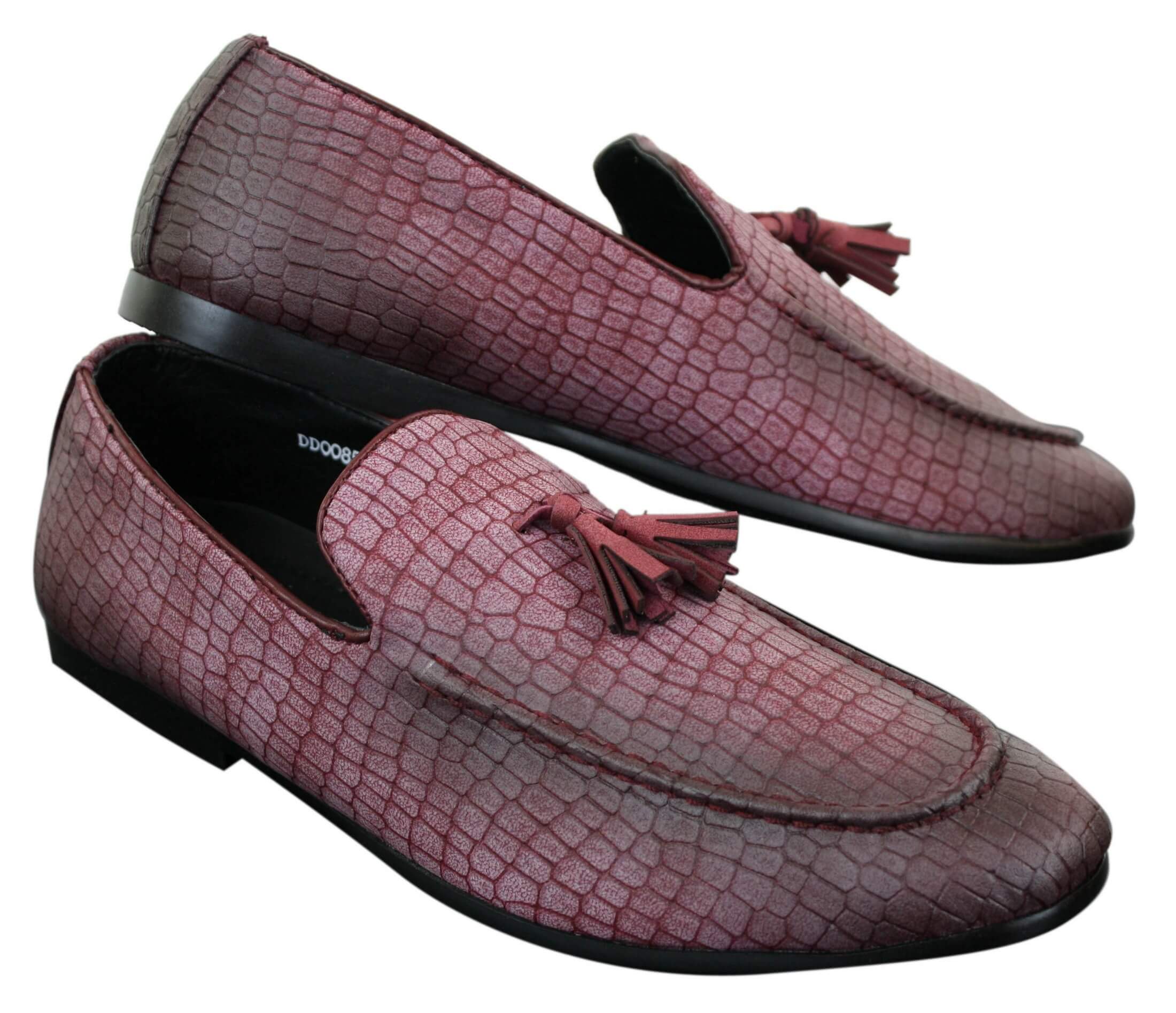 Elong Mens Snake Crocodile Leather PU Loafers Driving Shoes Slip On Tassel Comfort Vintage red