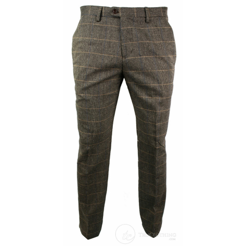 Mens Vintage Tweed Check Trouser Herringbone Tan Brown Slim Fit Regular ...