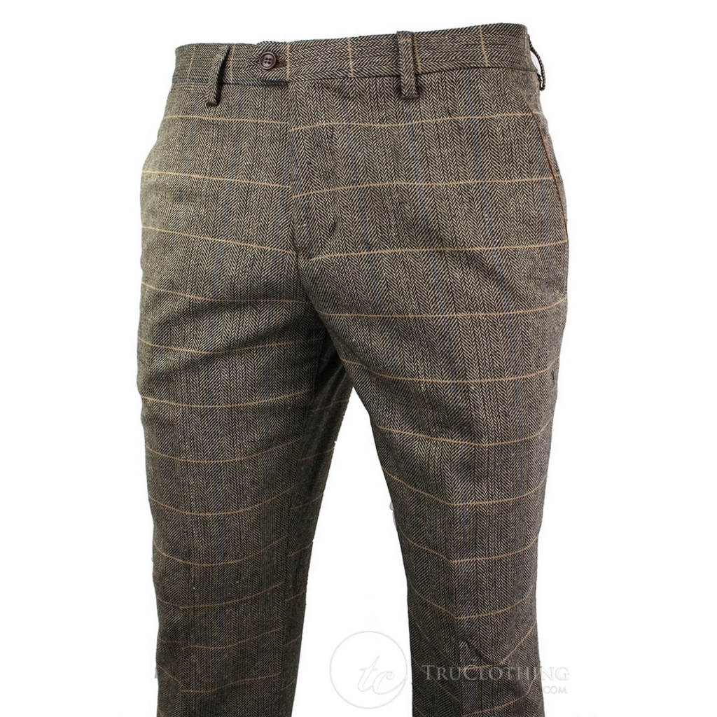 Mens Vintage Tweed Check Trouser Herringbone Tan Brown Slim Fit Regular ...