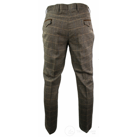 Mens Vintage Tweed Check Trouser Herringbone Tan Brown Slim Fit Regular ...