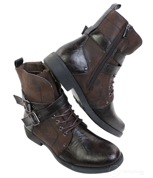 Mens Punk Rock Goth Emo Ankle Boots Brown Black Leather Buckle