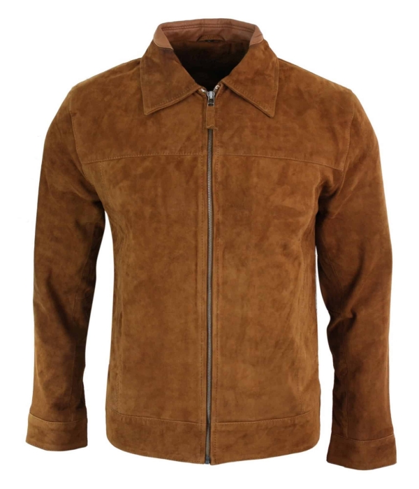 Infinity G500 Suede - Mens Real Leather Classic Zip Jacket Camel Turn Down Collar Vintage Retro