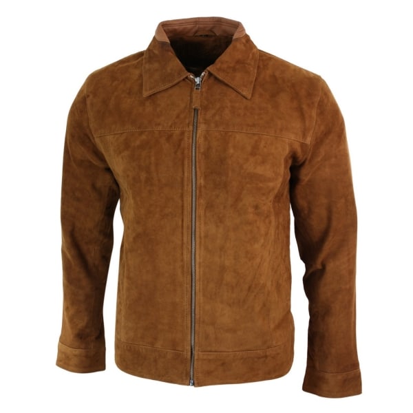Infinity G500 Suede - Mens Real Leather Classic Zip Jacket Camel Turn Down Collar Vintage Retro