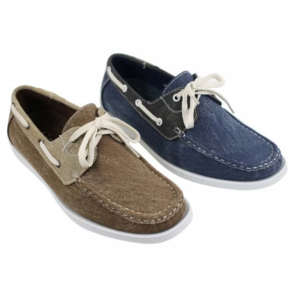 Mens Denim Canvas Retro Laced Moccasin Boat Deck Shoes Washed Navy Beige