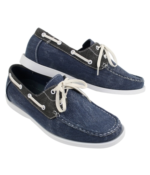 Mens Denim Canvas Retro Laced Moccasin Boat Deck Shoes Washed Navy Beige