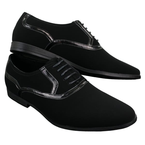 Mens Laced Black Shoes Smart Casual Suede Shiny Patent Leather Trim