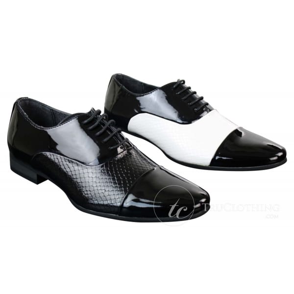 Mens Laced Smart Shiny Patent Snake Skin Italian Design Leather Shoes Black White