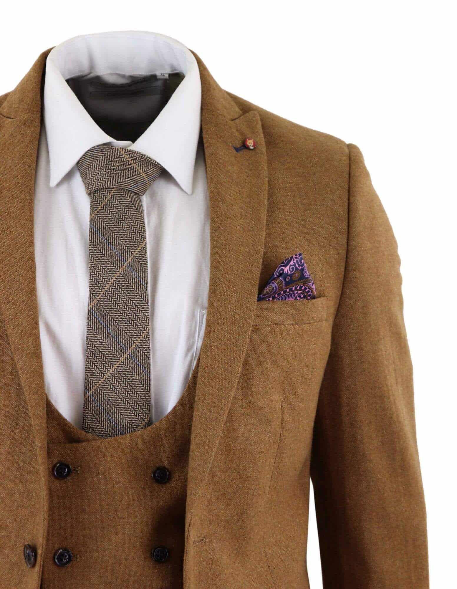 Simon Templer Mens Tan Brown 3 Piece Herringbone Tweed Check Vintage Slim Fit Suit Classic 