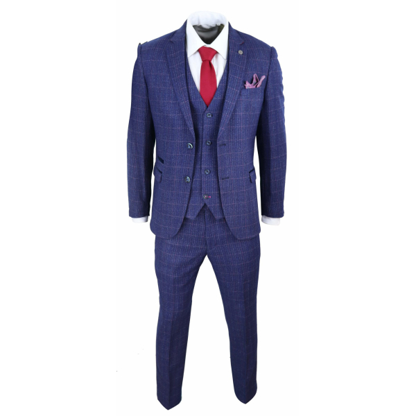 Mens Blue Purple Check 3 Piece Suit