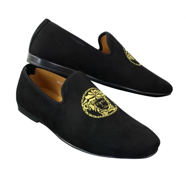 Fiorello HD0112-04 - Mens Black Iconic Medusa Slip On Loafers Moccasins Driving Shoes PU Suede Italian