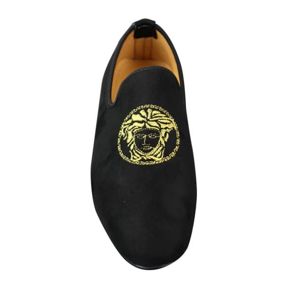 Fiorello HD0112-04 - Mens Black Iconic Medusa Slip On Loafers Moccasins Driving Shoes PU Suede Italian