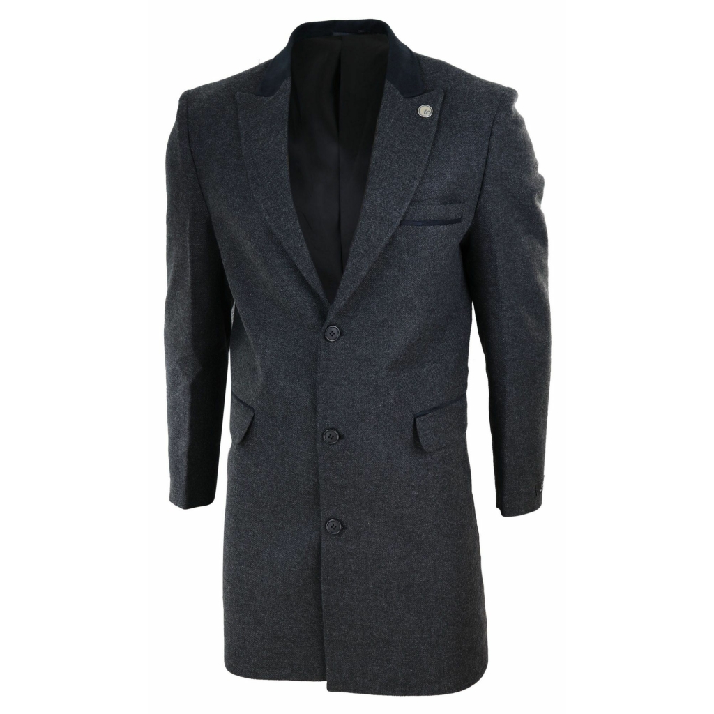 Herringbone Tweed 3/4 Long Overcoat-Charcoal: Buy Online - Happy Gentleman