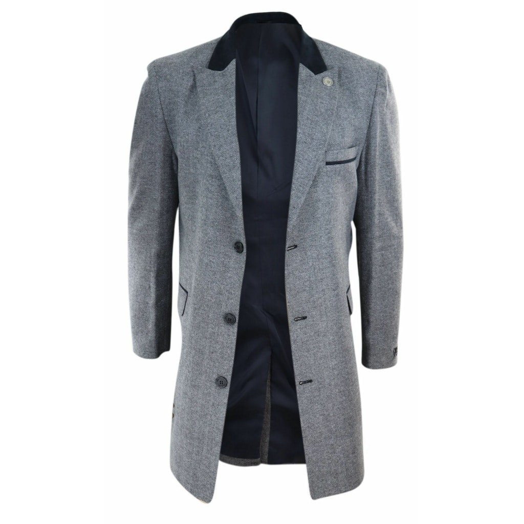 Herringbone Tweed 3/4 Long Overcoat-Grey: Buy Online - Happy Gentleman