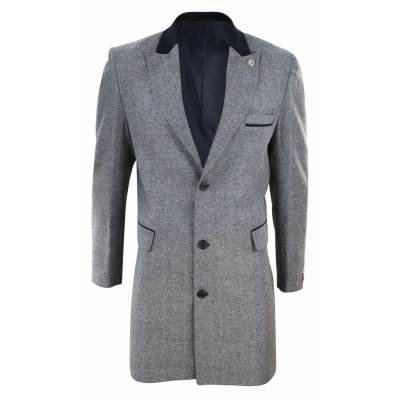 Herringbone Tweed 3/4 Long Overcoat-Grey
