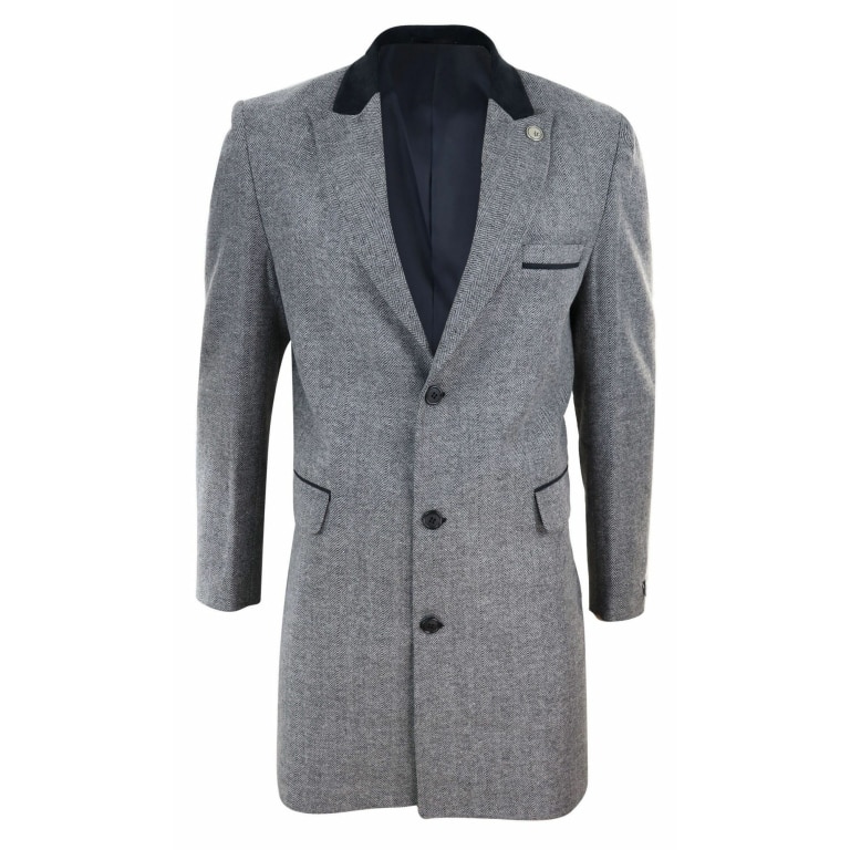 Herringbone Tweed 3/4 Long Overcoat-Grey: Buy Online - Happy Gentleman