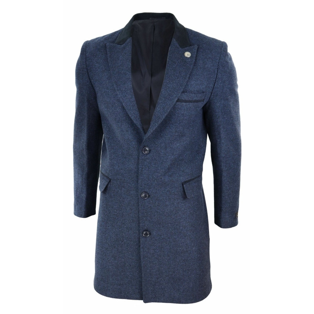 Herringbone Tweed 3/4 Long Overcoat-Navy: Buy Online - Happy Gentleman