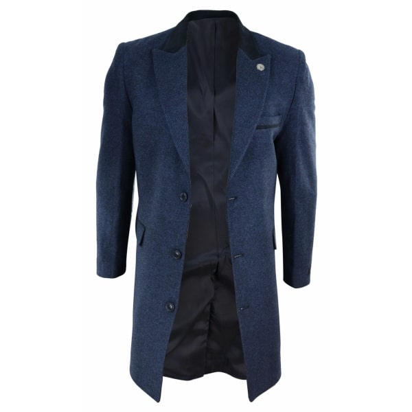 Herringbone Tweed 3/4 Long Overcoat-Navy