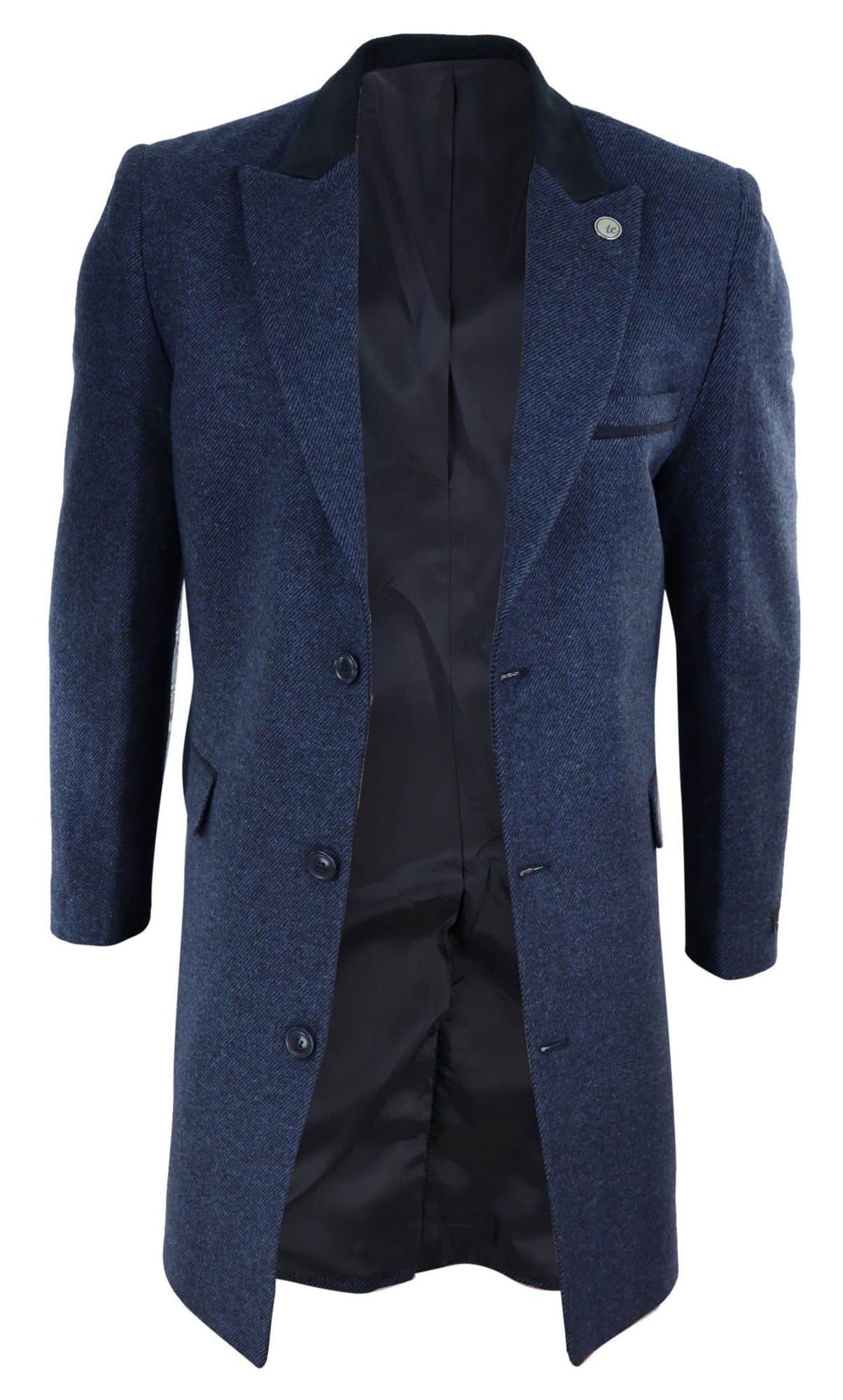 Herringbone Tweed 3/4 Long Overcoat-Navy: Buy Online - Happy Gentleman