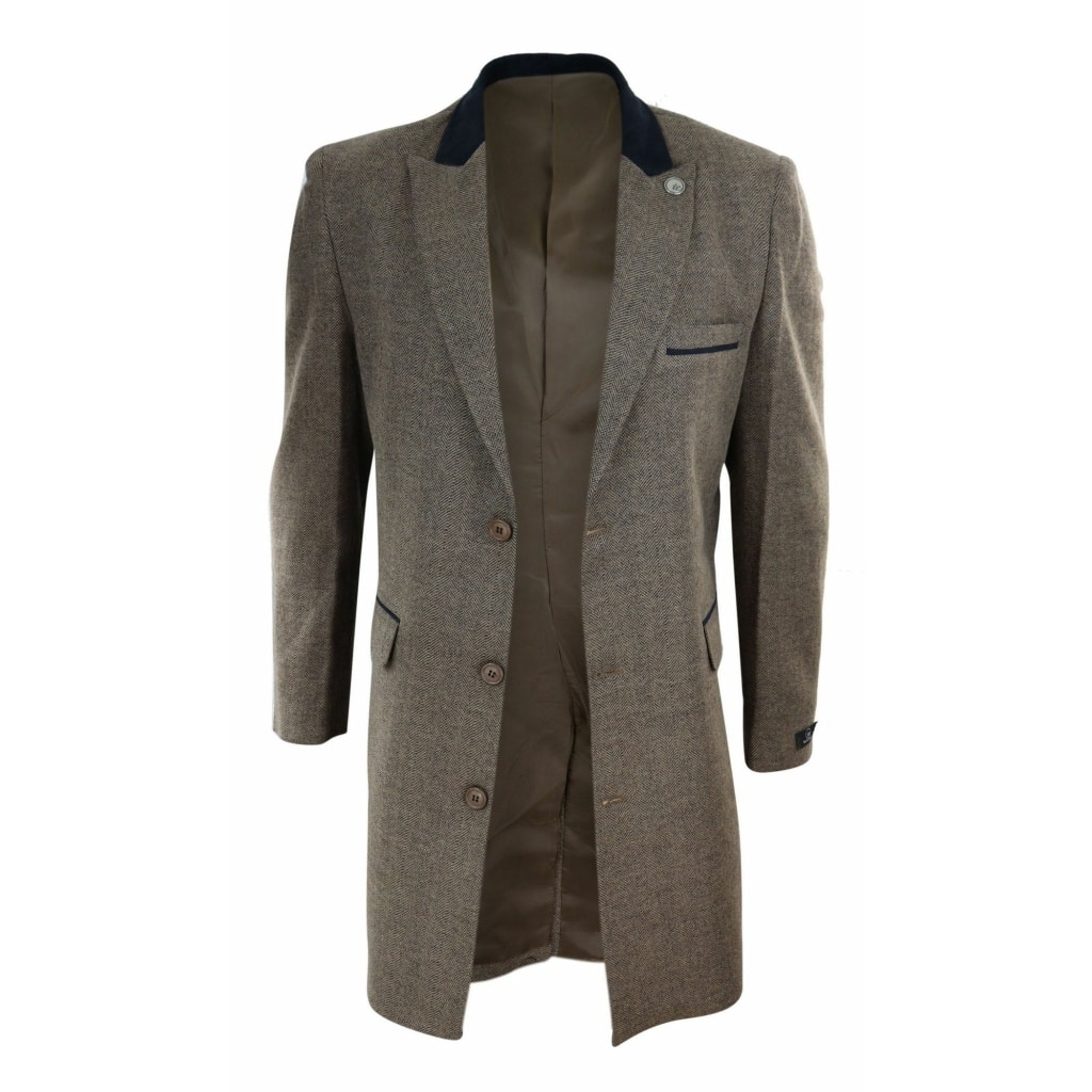 Herringbone Tweed 3/4 Long Overcoat-Oak: Buy Online - Happy Gentleman