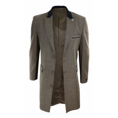 Herringbone Tweed 3/4 Long Overcoat-Oak: Buy Online - Happy Gentleman