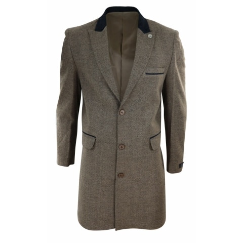 Herringbone Tweed 3/4 Long Overcoat-Oak: Buy Online - Happy Gentleman