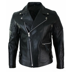 Real Leather Cross Zip Cow Hide Padded Mens Biker Jacket White Black Brando Vintage-Black