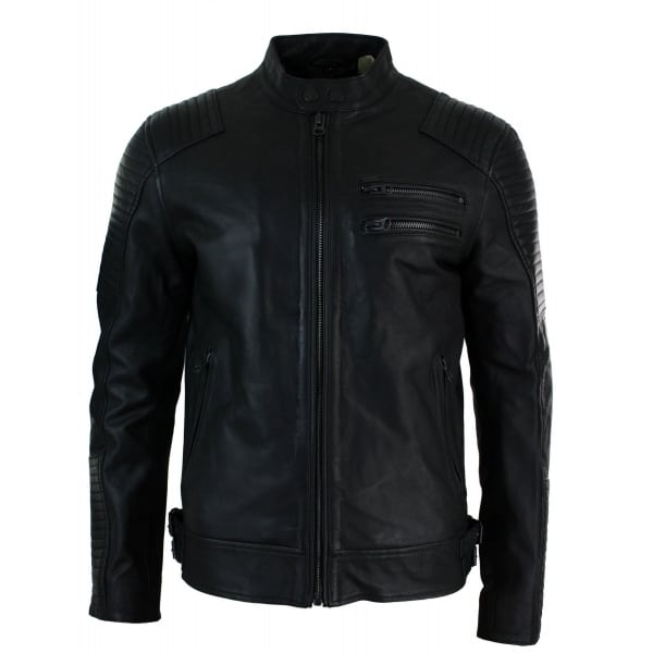 Real Leather Slim Fit Washed Black Zip Mens Biker Jacket Short Casual