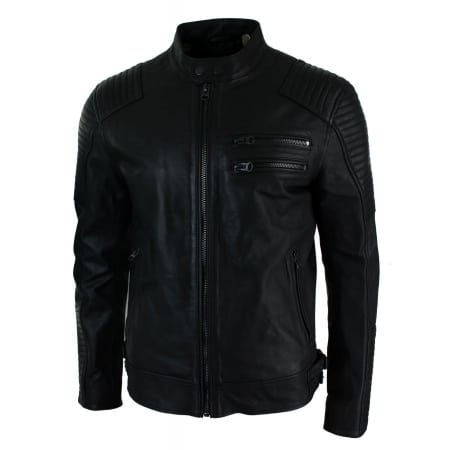 Real Leather Slim Fit Washed Black Zip Mens Biker Jacket Short Casual ...