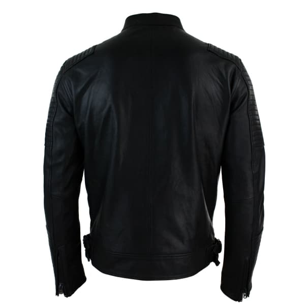 Real Leather Slim Fit Washed Black Zip Mens Biker Jacket Short Casual