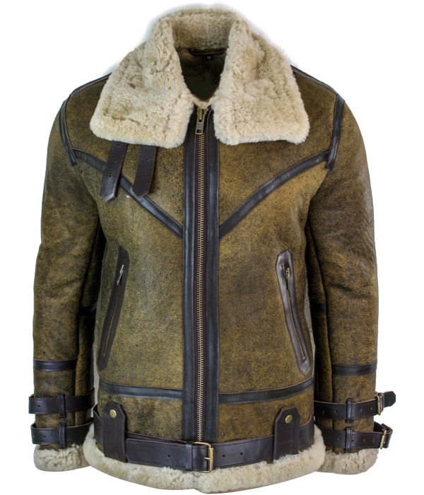 Infinity EK01 Mens Sherling Real Sheepskin Leather Viking Vintage RAF Jacket Brown Cream Fur