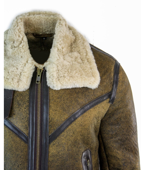 Infinity EK01 Mens Sherling Real Sheepskin Leather Viking Vintage RAF Jacket Brown Cream Fur