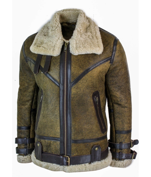 Infinity EK01 Mens Sherling Real Sheepskin Leather Viking Vintage RAF Jacket Brown Cream Fur