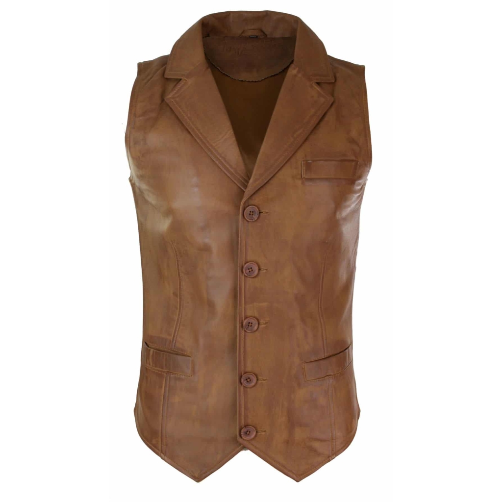 Mens Real Leather Tan Brown Black Smart Casual Gilet Waistcoat Vintage ...