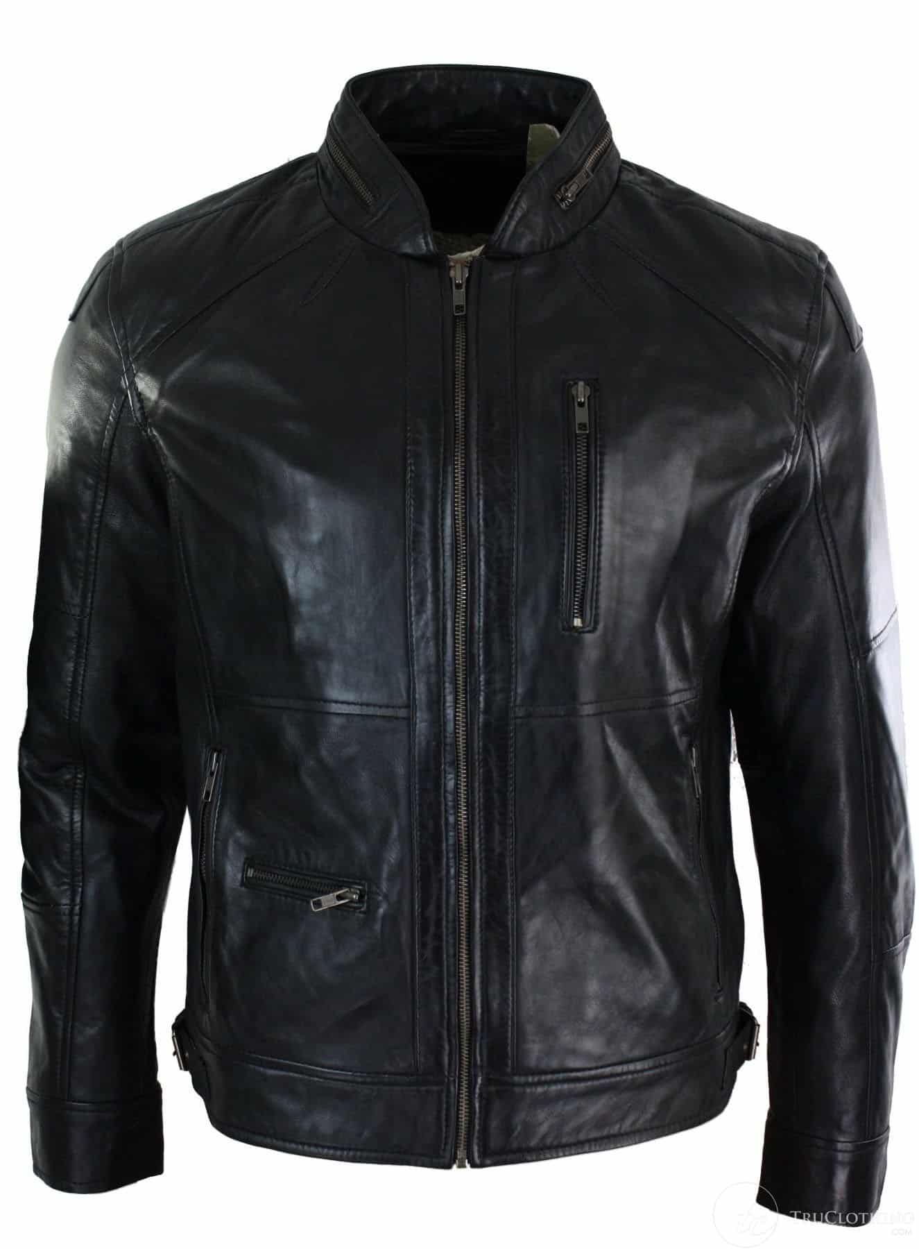 Real Leather Zipped Biker Style Smart Casual Men's Jacket Black Brown Olive Urban-Black