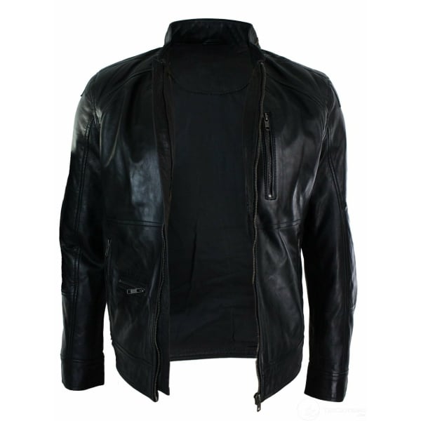 Real Leather Zipped Biker Style Smart Casual Men's Jacket Black Brown Olive Urban-Black