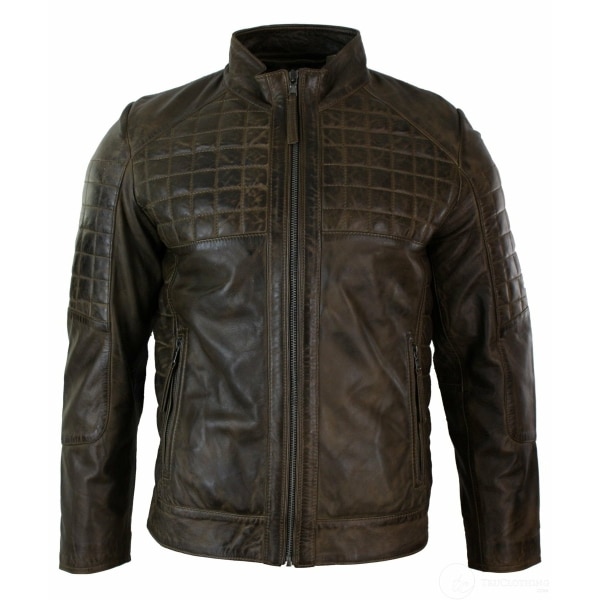 Real Leather Tailored Fit Stitch Designer Mens Zipped Biker Jacket-Brown