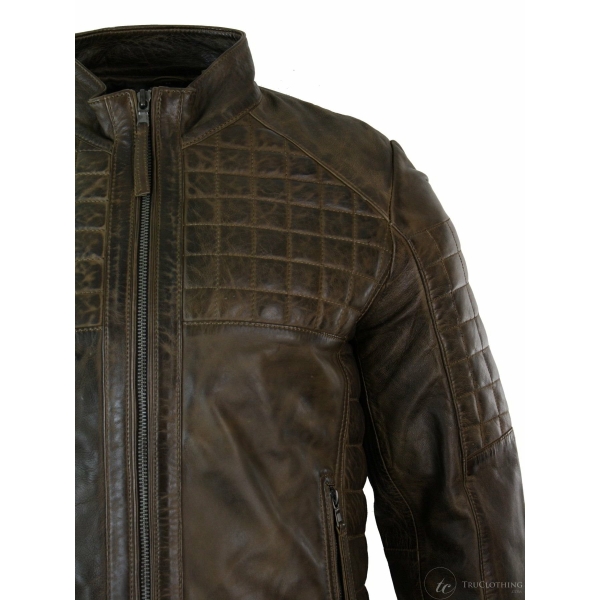 Real Leather Tailored Fit Stitch Designer Mens Zipped Biker Jacket-Brown